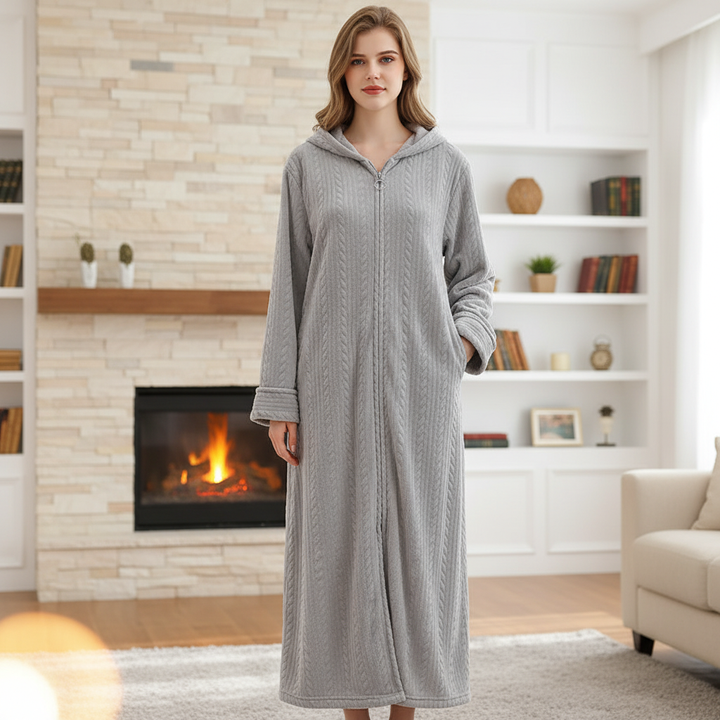 Gemütlicher Unisex Kapuzenbademantel HugGown für Damen & Herren. Perfekt für Winter-Loungewear.