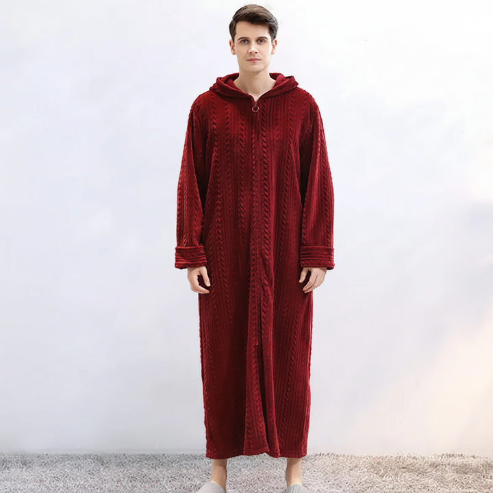 Komfortabler Unisex Kapuzenbademantel HugGown mit Kapuze & Reißverschluss für maximale Gemütlichkeit.
