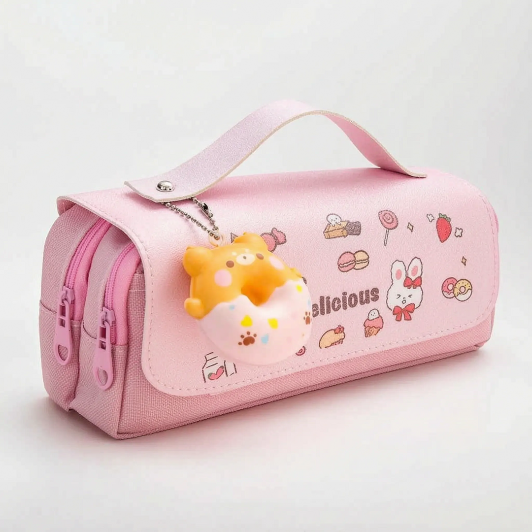 Farbenfrohes Kawaii Federmäppchen mit zwei Reißverschlüssen, ideal für Stifte, Marker und Schulbedarf im Kinderzimmer.