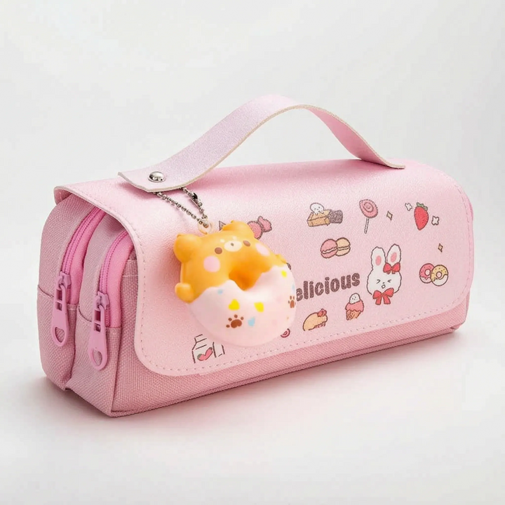Farbenfrohes Kawaii Federmäppchen mit zwei Reißverschlüssen, ideal für Stifte, Marker und Schulbedarf im Kinderzimmer.