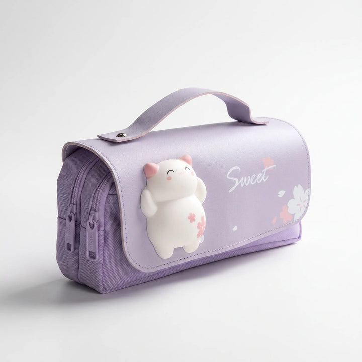Trendiges Kawaii Federmäppchen mit Doppelreißverschluss, Stifte-Organizer für Schüler, mit niedlichem Katzenmuster.