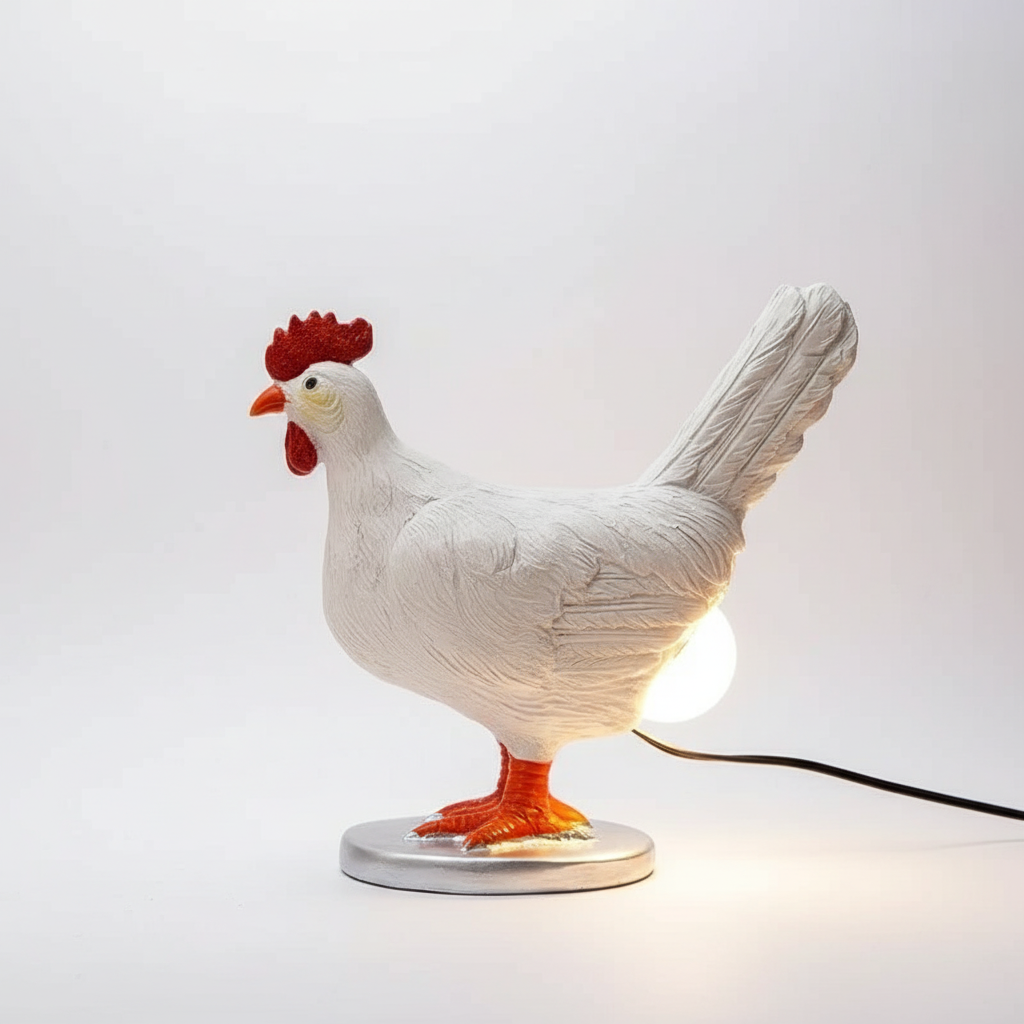 Detailaufnahme der Keramik Hühnerleuchte mit warmweißem LED-Licht, ideale Dekoration und Geschenkidee für Ostern.