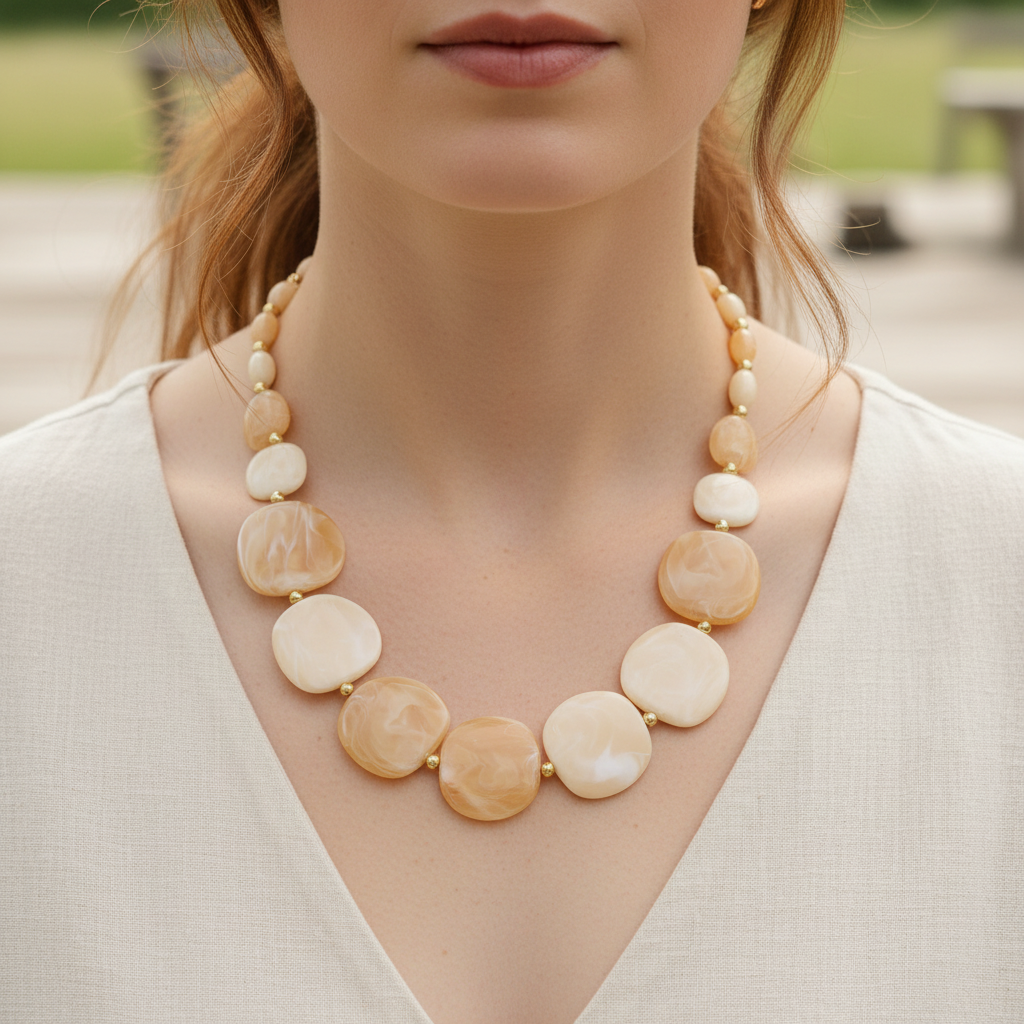 Damen Halskette mit naturfarbenen Holzperlen im Boho-Stil, handgemachter Unikat-Schmuck für Frauen.