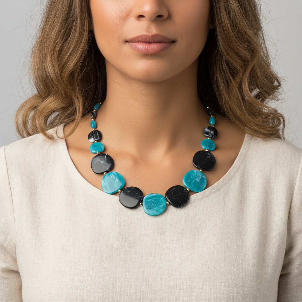Damen-Halskette mit verschiedenen Holzperlen in Braun- und Beigetönen, ideal für den Boho-Look.