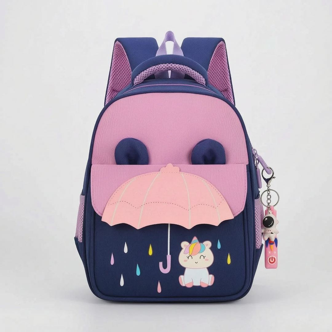 Gepolsterter Schulrucksack für Kinder mit fröhlichem Cartoon-Design, Nylon-Material und hohem Komfort.