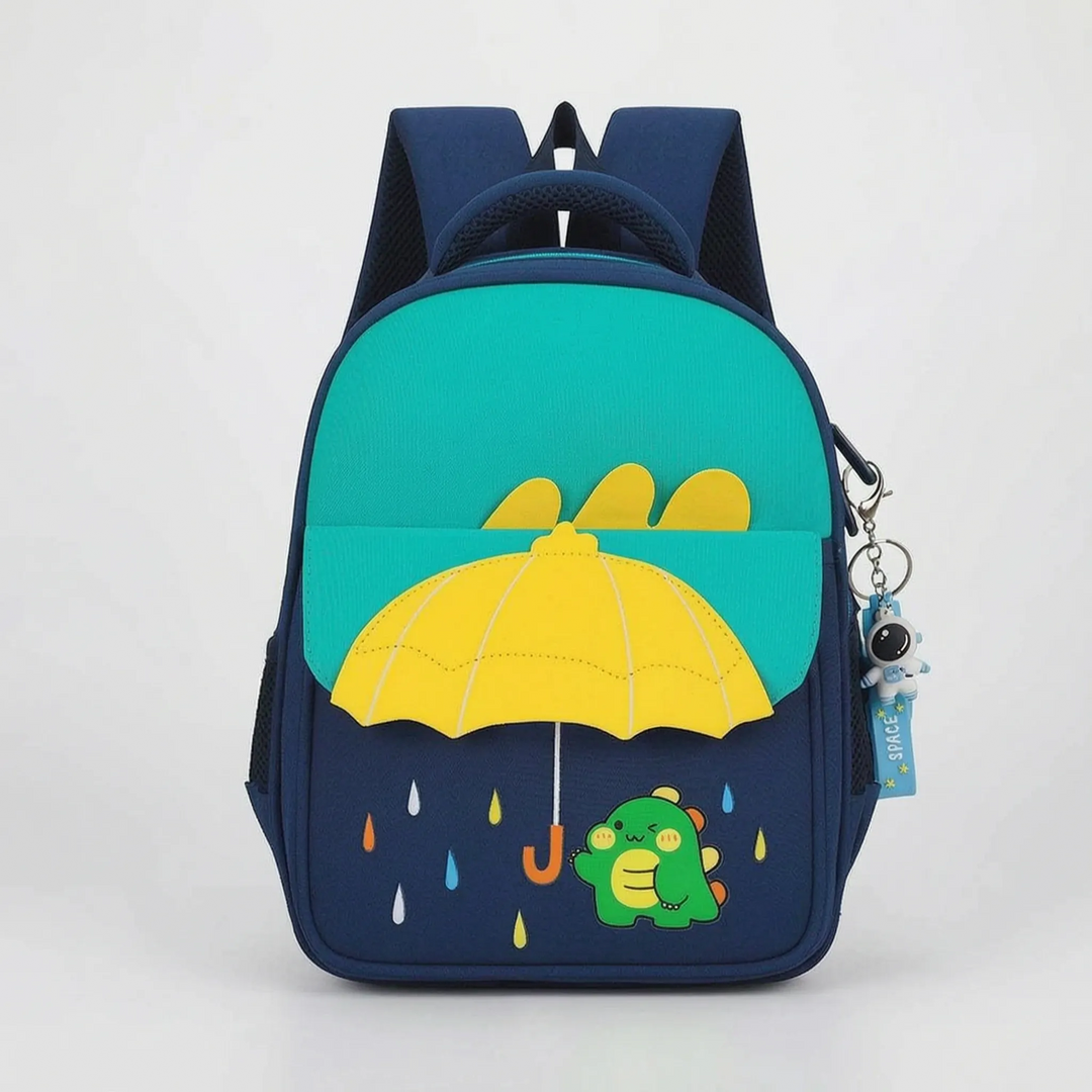Praktischer Kinderrucksack mit Cartoon-Motiv, Netzseitentaschen und reflektierenden Elementen für Sicherheit.