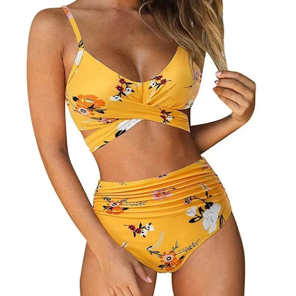 Stylisches Damen Bikini Set mit Kreuzband-Top und schmeichelnder hoher Taille für den Sommer.