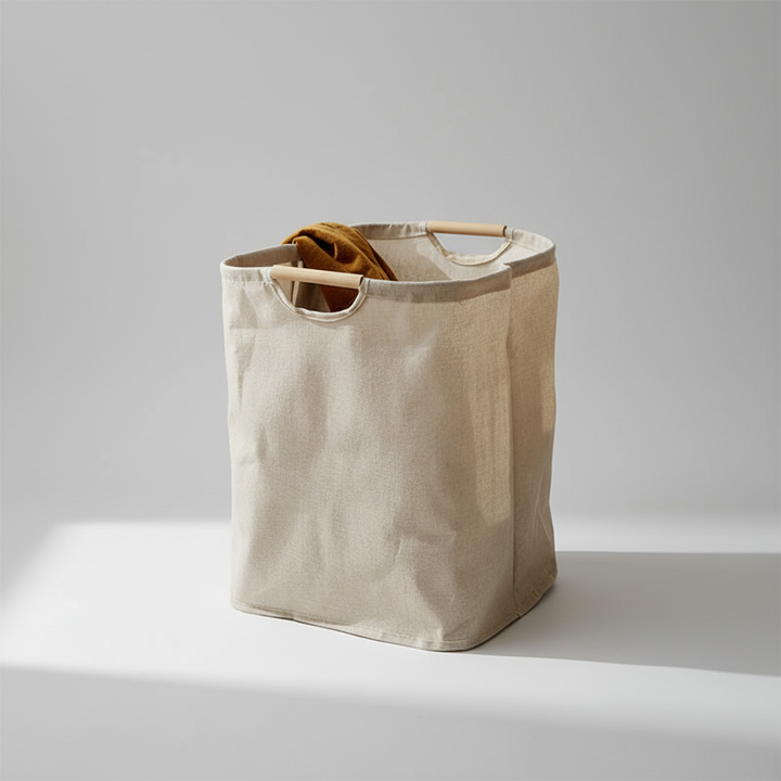 Platzsparender, klappbarer Aufbewahrungskorb aus Baumwoll-Leinen für Wäsche oder Spielzeug, minimalistisches Design für mehr Ordnung.