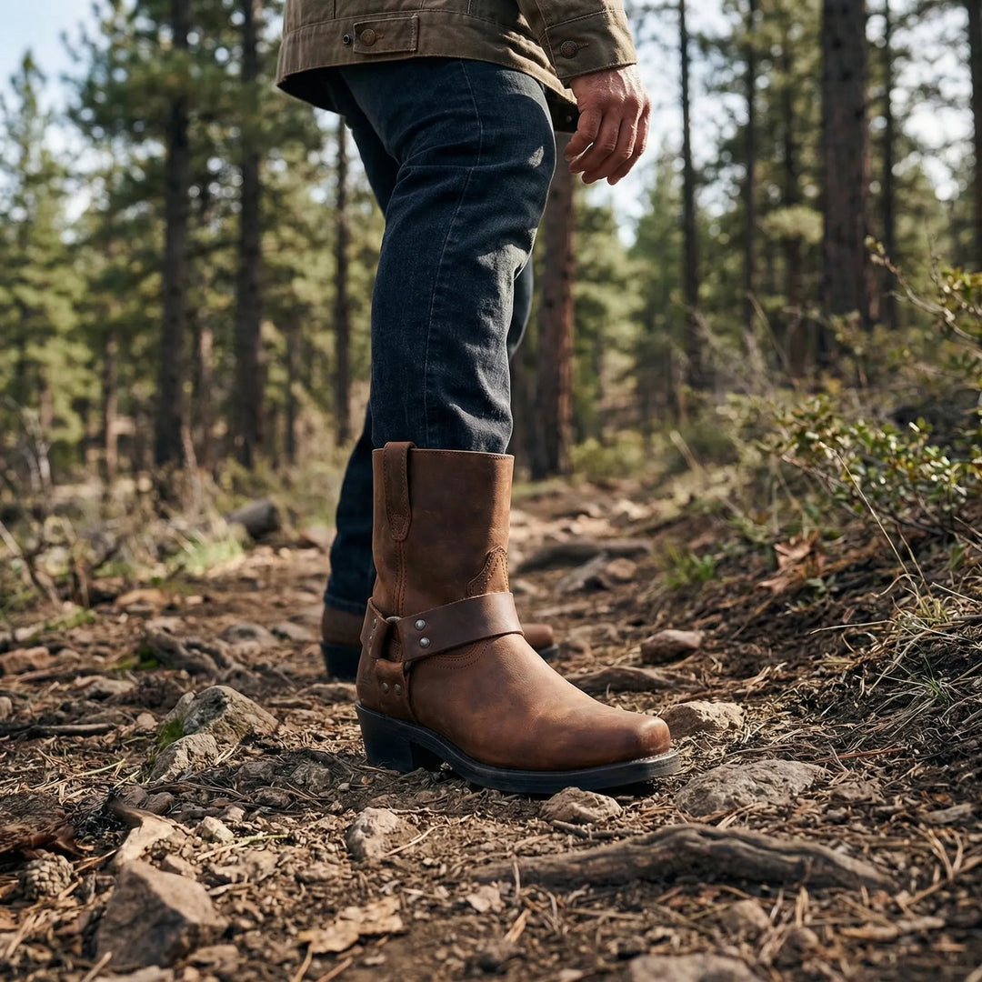 Stilvolle Herren Cowboy-Stiefel Allan in Dunkelbraun für Komfort und zeitlosen Western-Look. Robuste Freizeitstiefel.