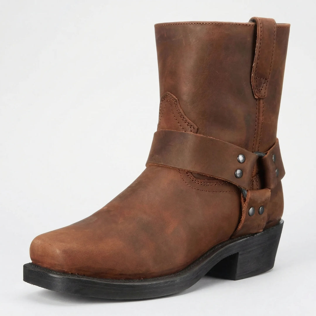 Robuste schwarze Herren Cowboy-Stiefel Allan mit Blockabsatz, ideal als Outdoor- und Westernstiefel für Männer.
