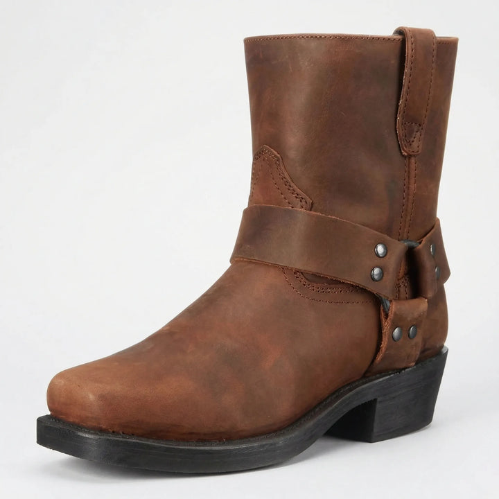 Robuste schwarze Herren Cowboy-Stiefel Allan mit Blockabsatz, ideal als Outdoor- und Westernstiefel für Männer.