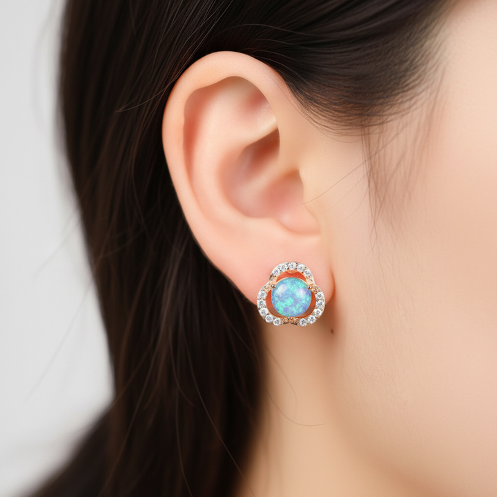 Damen Kleeblatt-Ohrringe mit Opal in Roségold, modischer Glücksbringer-Schmuck.