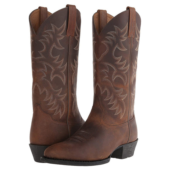 Braune Damen-Cowboystiefel Ingeborg, kniehoch, mit komfortablem Blockabsatz und eleganten Ziernähten.
