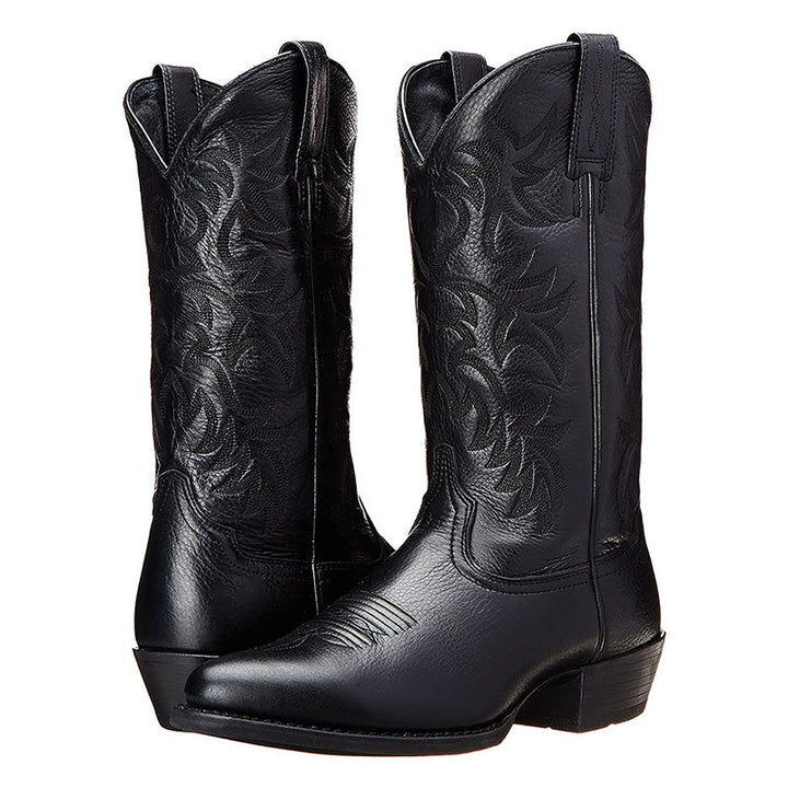 Damen Ingeborg kniehohe Western-Stiefel mit spitzer Zehe, Blockabsatz und markanten Ziernähten.