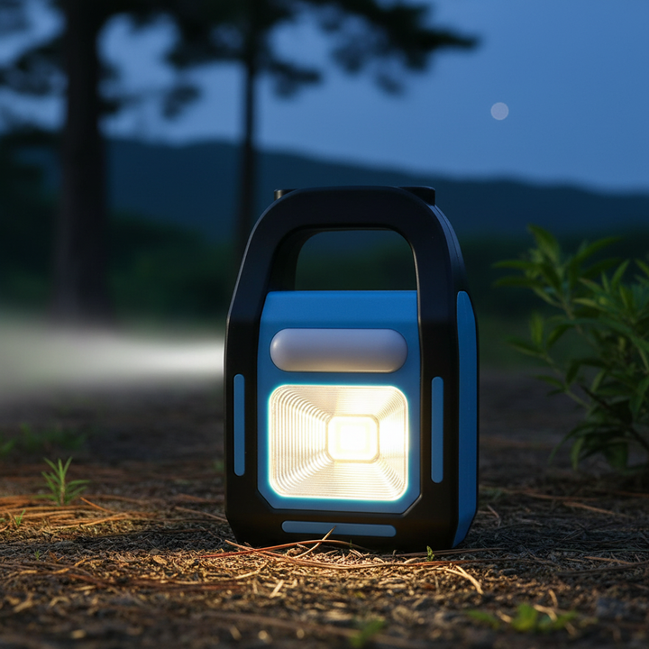 Kompakte Solar Powerbank Lampe GlowRover für Outdoor, Camping & Notfälle. Wiederaufladbar, mit USB Ladefunktion.