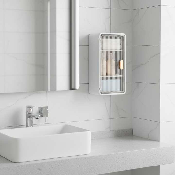 Kompakte ShelfMate Wand Organizerbox für Badezimmer. Platzsparende, bohrfreie Aufbewahrung für Badaccessoires, wasserdicht.
