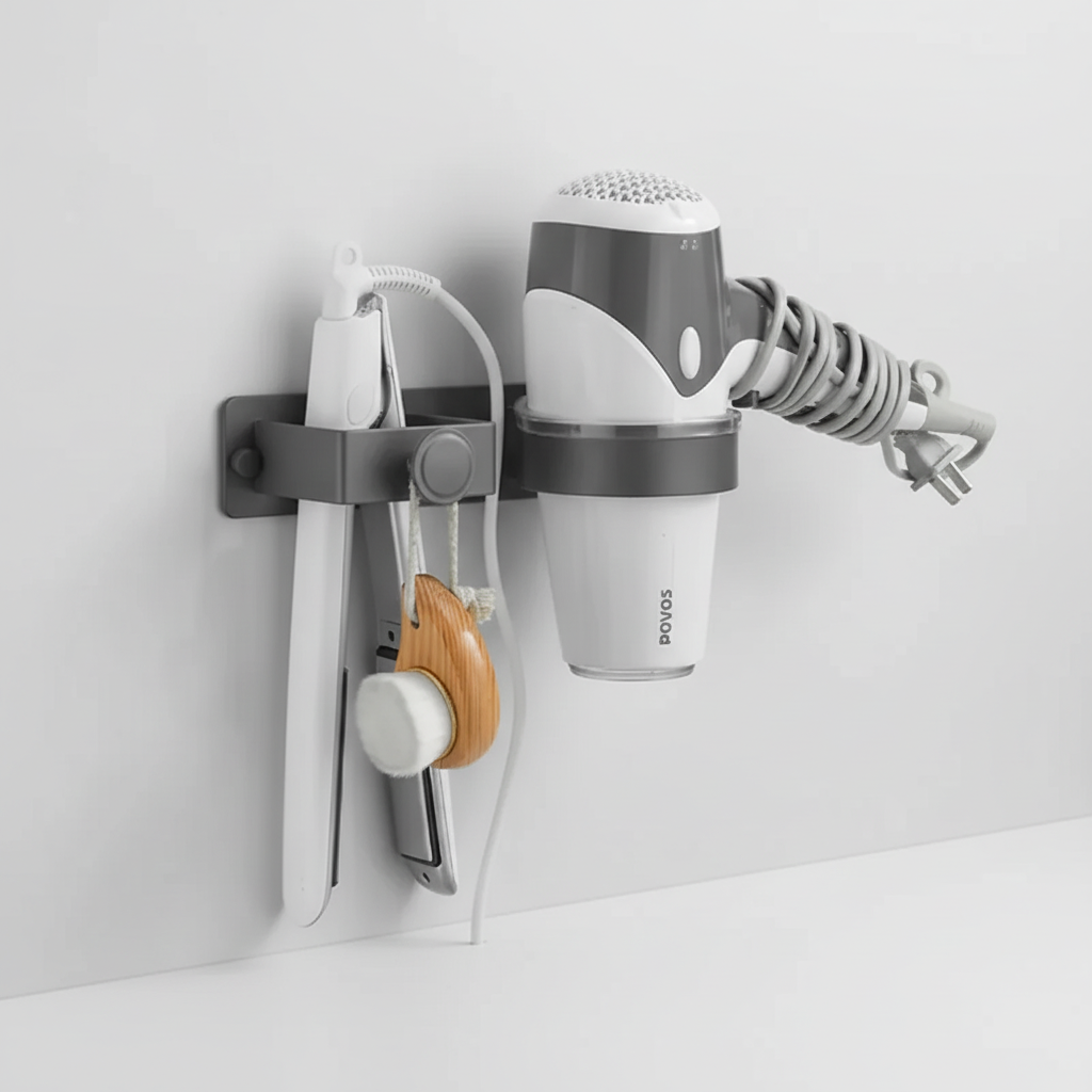 Robuster Wand-Organizer für Haartrockner und Glätteisen; schafft Ordnung in jedem Badezimmer.