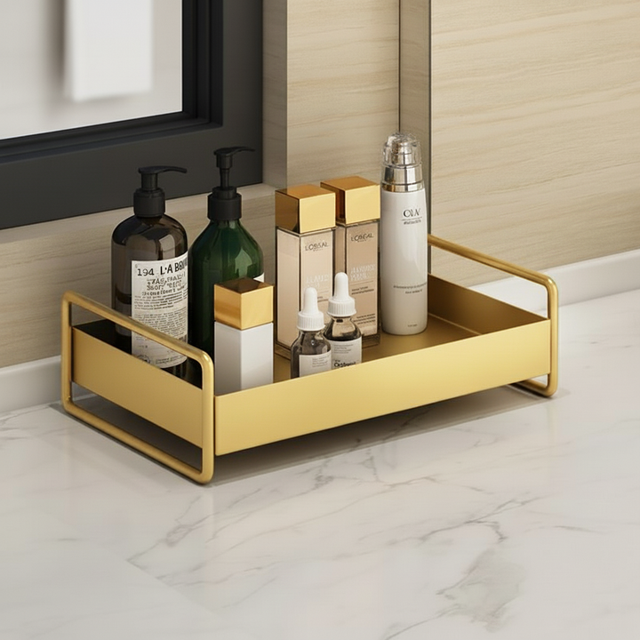 Modernes, goldenes Organizer Tablett für stilvolle Ablage von Kosmetik und Schmuck im Bad oder auf dem Tisch.