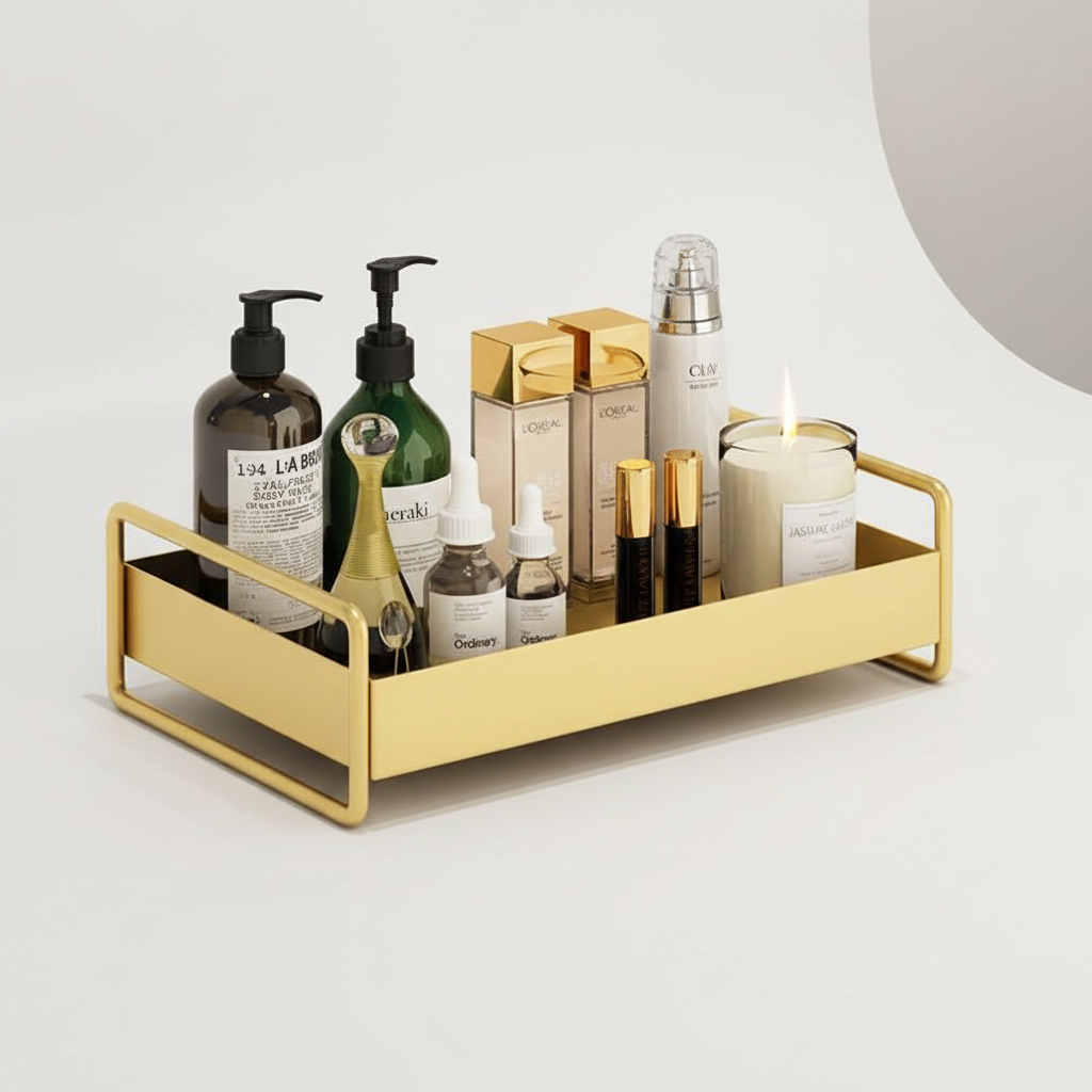 Glänzendes Gold Organizer Tablett, ideal als Dekoration oder Kosmetikablage in Bad, Schlafzimmer & Büro.