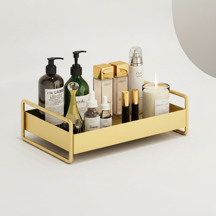 Glänzendes Gold Organizer Tablett, ideal als Dekoration oder Kosmetikablage in Bad, Schlafzimmer & Büro.