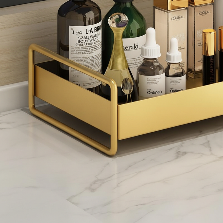 Elegantes goldenes Badaccessoires Organizer Tablett für Seifen, Lotionen & Zahnbürsten. Perfekt für Ihr Bad.