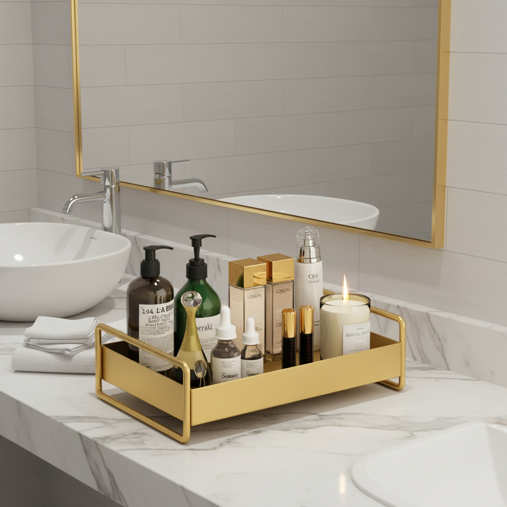 Dekoration Organizer Tablett Gold, vielseitig einsetzbar als Ablage für Wohnaccessoires, Kerzen oder Schmuck.