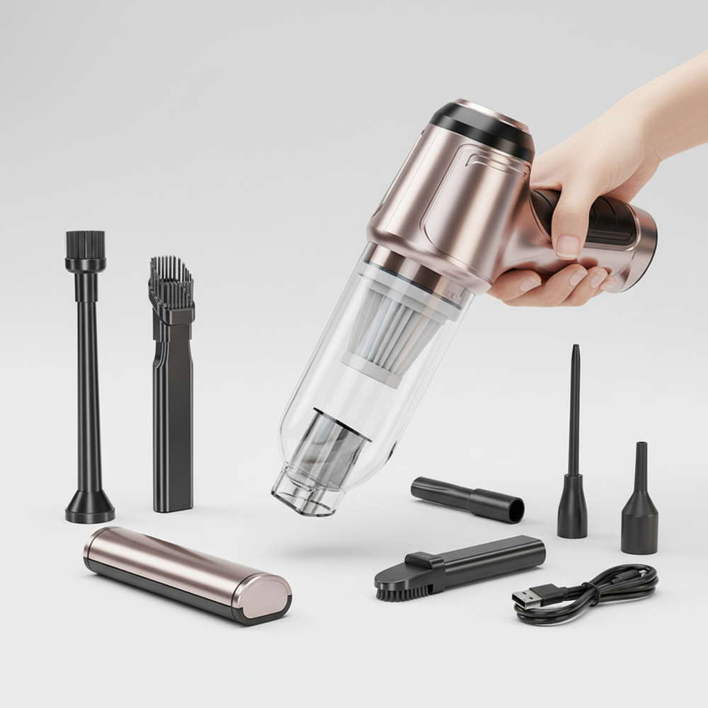 Kompakter Mini-Staubsauger DustMaster, kabellos mit USB-Aufladung, tragbar für Büro und kleine Räume.