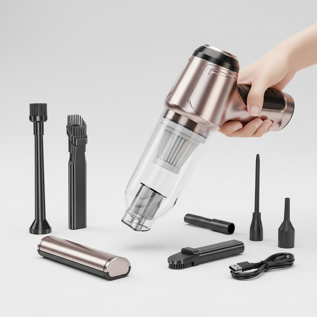 Kompakter Mini-Staubsauger DustMaster, kabellos mit USB-Aufladung, tragbar für Büro und kleine Räume.