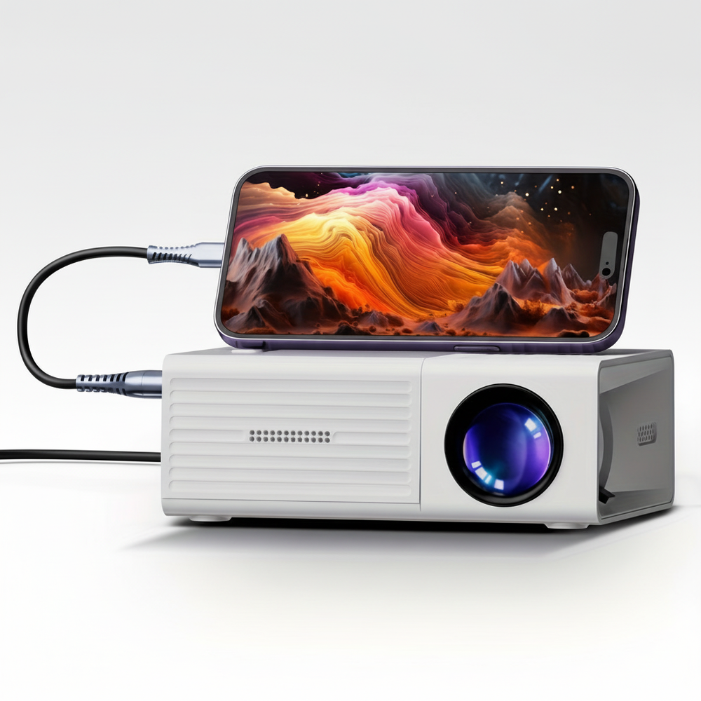 Tragbarer ProjectoLite Mini-Projektor für Heimkino und Business-Präsentationen. Mobil einsetzbar.