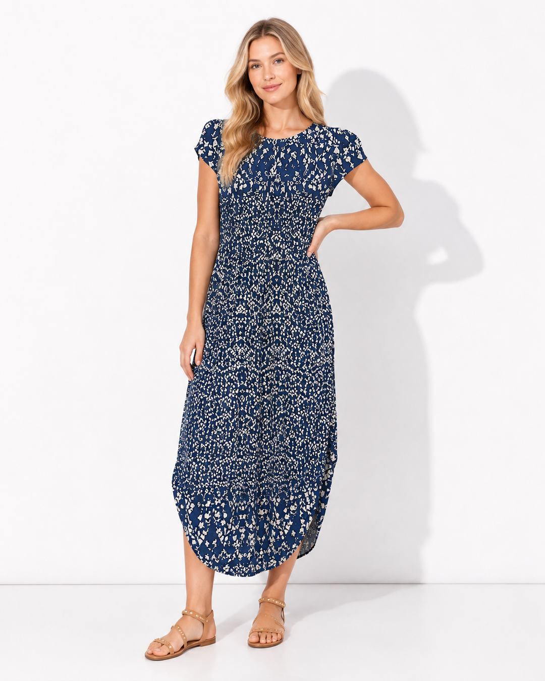 Königsblaues Damen Maxikleid mit elegantem Blütenmuster, Rundhalsausschnitt & Kurzarm, ideal als Sommerkleid.