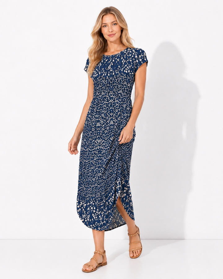 Elegantes Damen Shiftkleid in Königsblau mit zartem Blütenmuster. Langes Kurzarm-Freizeitkleid für jeden Anlass.