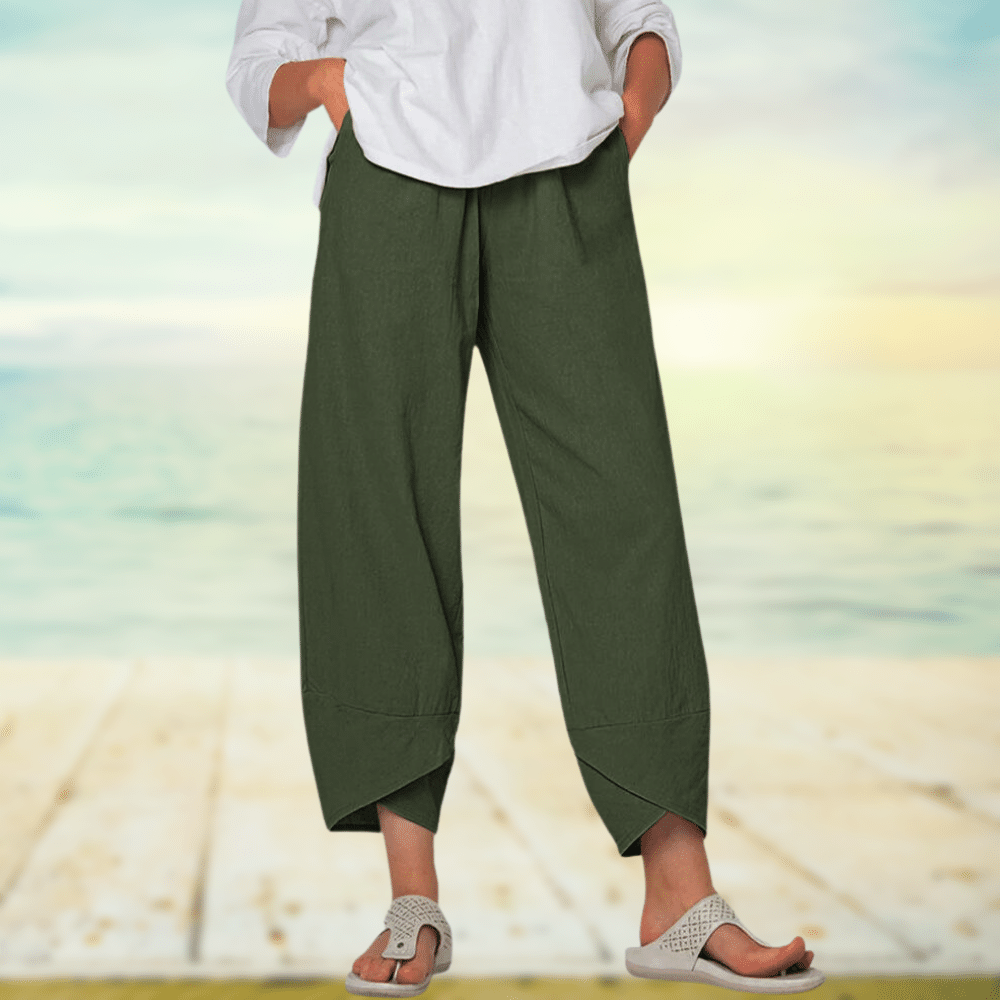 Bequeme leichte Damen Freizeithose Mila aus Baumwolle mit komfortablem elastischem Bund. Für warme Tage.