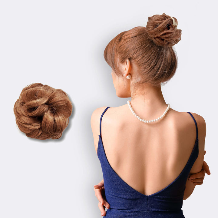 Natürlicher Look mit BunPop Scrunchie Haarteil, für voluminöse Dutt-Frisuren.