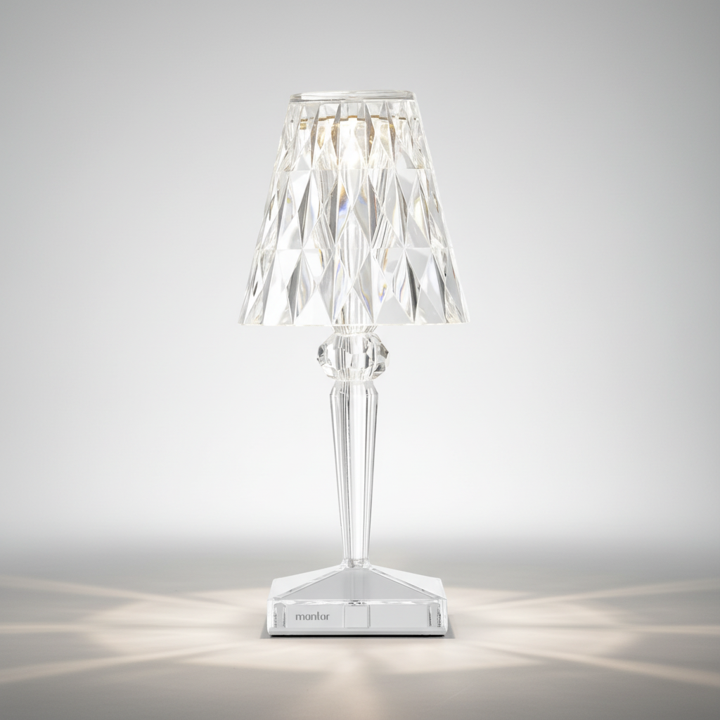Prismara Kristalllampe, stilvolle Tischleuchte zur Akzentbeleuchtung im Wohnzimmer.