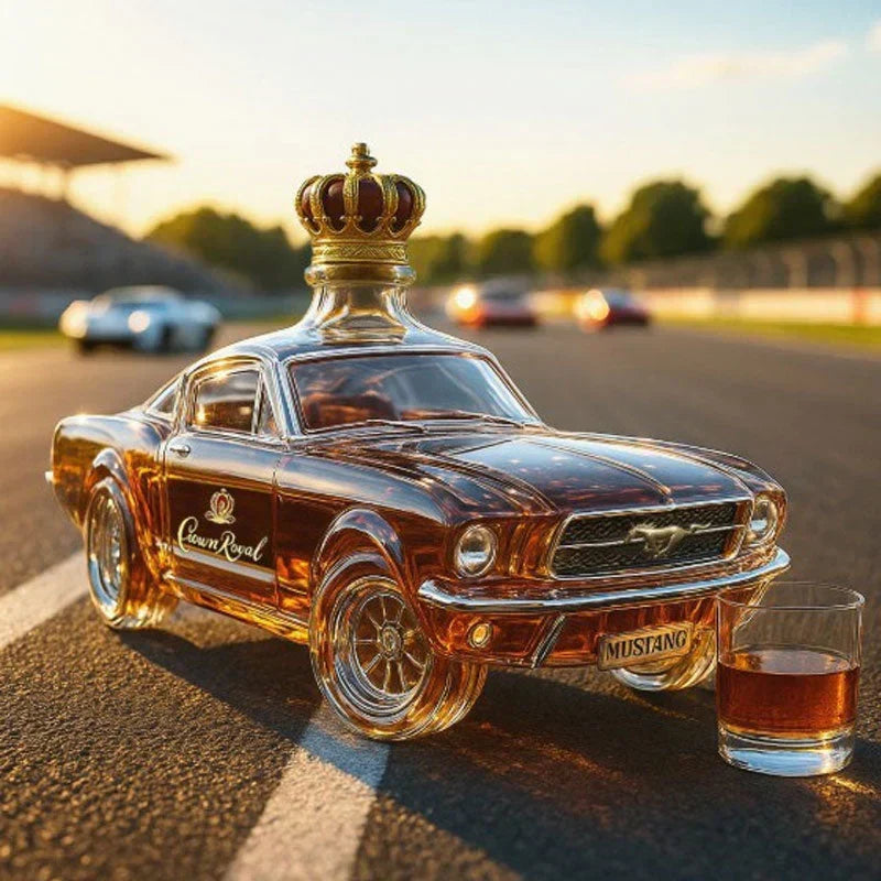 Hochwertige Glasflasche für Whiskey, im eleganten Auto-Design, ein Blickfang als Barzubehör & Dekanter.
