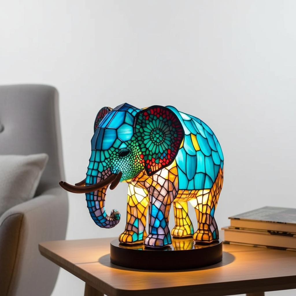 Besondere AnimalGlow Dekoleuchte: Buntglas-Tiermotiv als kunstvolles Highlight.