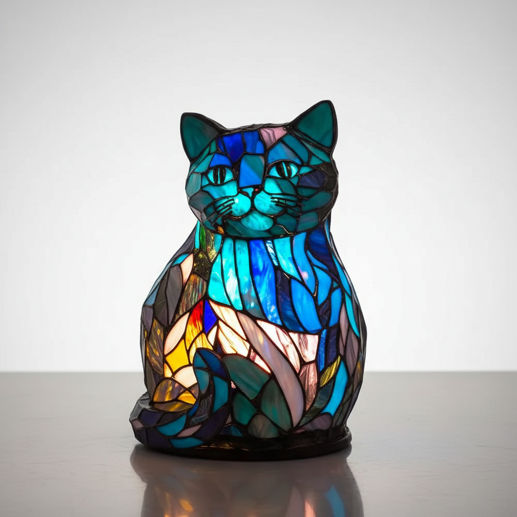 Gemütliche AnimalGlow Tischlampe mit Buntglas-Tiermotiv, perfekt für den Abend.
