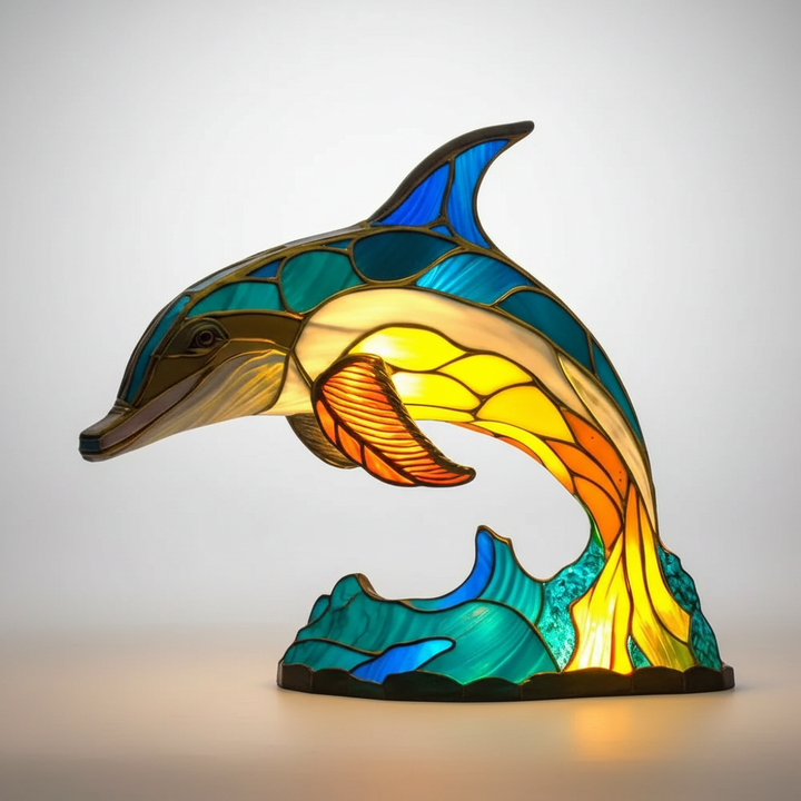 Attraktive AnimalGlow Tischlampe, Buntglas-Tiermotiv als stilvolle Geschenkidee.