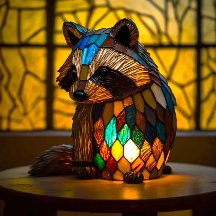 Warme Beleuchtung durch AnimalGlow Tischlampe, kunstvolles Buntglas-Tiermotiv.