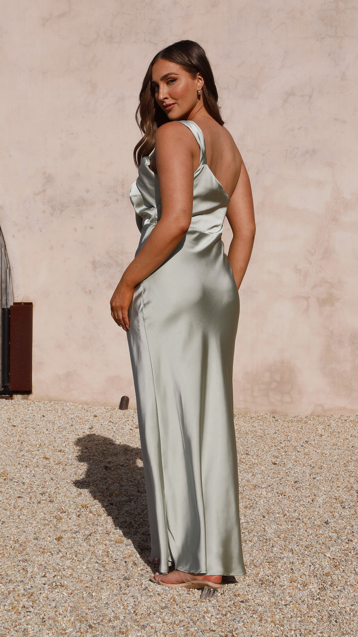 Zeitloses elegantes Damen One-Shoulder Maxikleid in Grau, perfekt für Abendveranstaltungen.