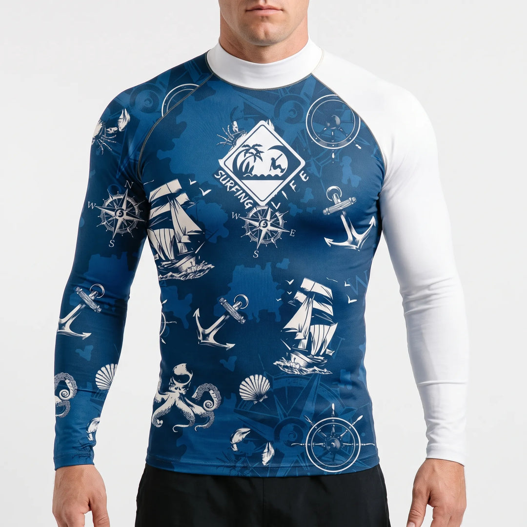 Stylisches Herren Rashguard Langarm-Schwimmshirt, ideal für Wassersport, Surfen und als funktionale Strandmode.