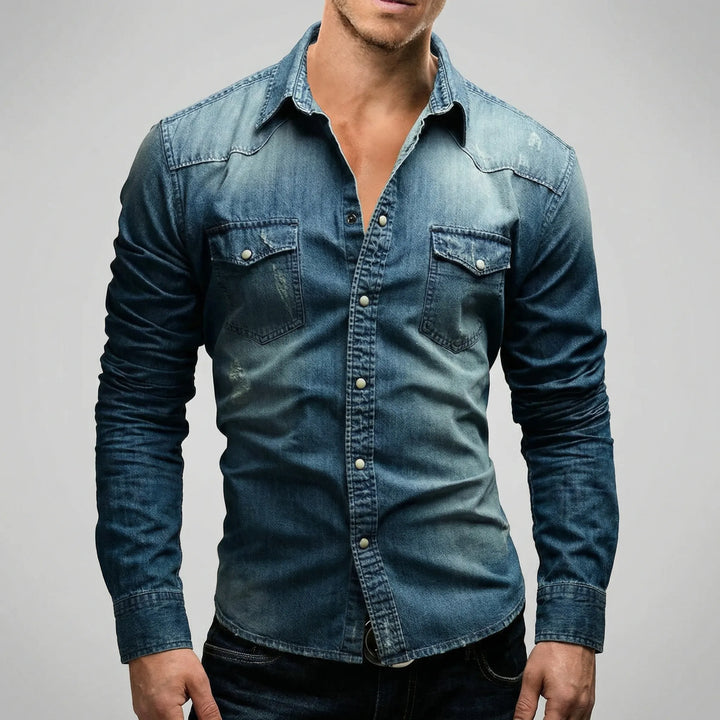 Stylisches Herren Casual-Hemd mit Langarm im modernen Denim-Look. Ideal für Frühling, Herbst, Winter.