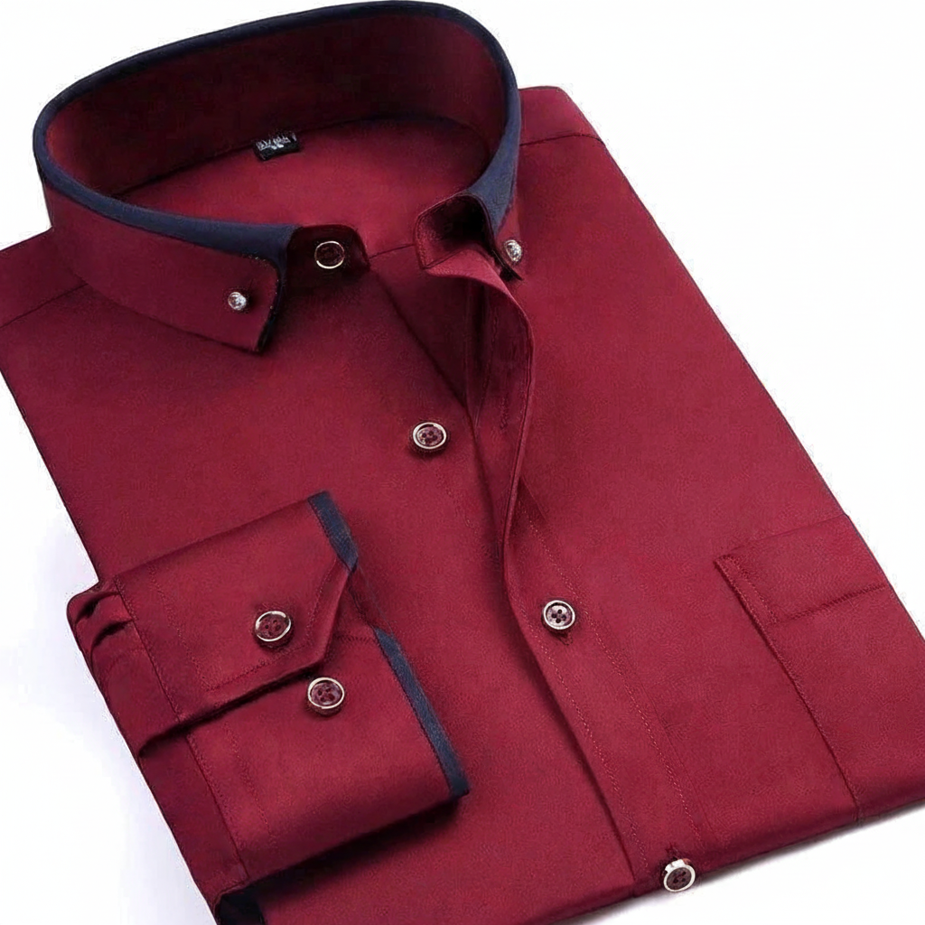 Detailaufnahme: Eleganter Kragen des Herren Langarmhemds Simon. Hochwertig & stilvoll.
