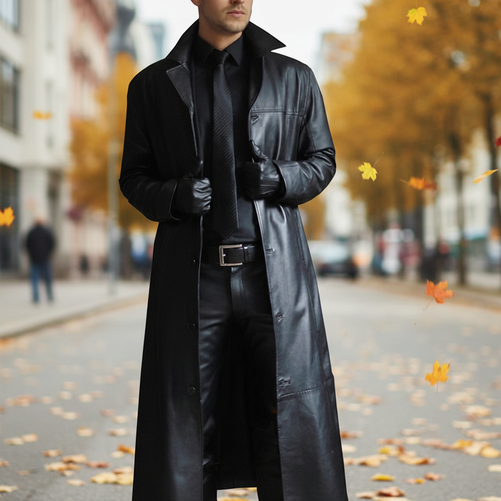 Langer schwarzer Herren-Leder-Wintermantel "Anton" mit eleganter Knopfleiste für Herbst & Winter.