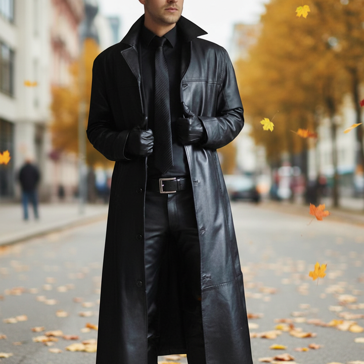 Langer schwarzer Herren-Leder-Wintermantel "Anton" mit eleganter Knopfleiste für Herbst & Winter.