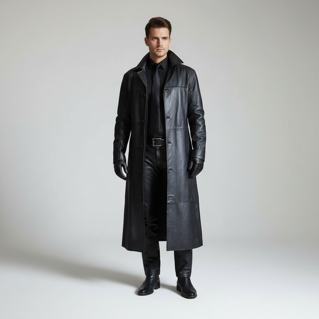 Eleganter, langer Herren-Herbst-Wintermantel aus Leder, perfekt als Übergangsjacke für stilvolle Outfits.