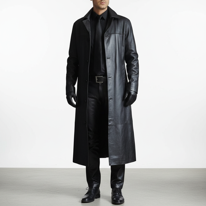 Warmer, eleganter Herren-Leder-Wintermantel "Anton", langer Schnitt, schützt stilvoll vor Kälte in Herbst & Winter.