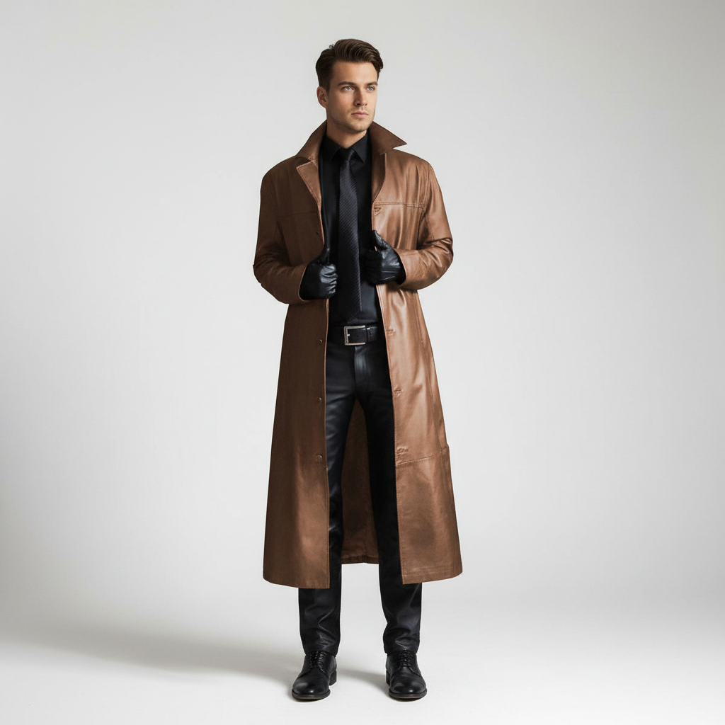 Robuster langer Herren-Leder-Herbstmantel "Anton" mit Knopfleiste, ideal für Outdoor & elegante Herrenmode.