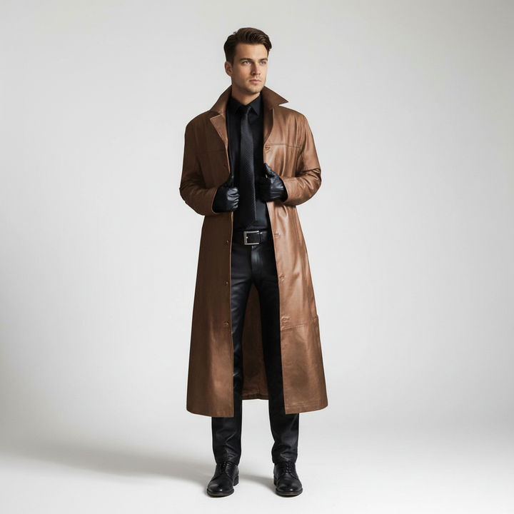 Robuster langer Herren-Leder-Herbstmantel "Anton" mit Knopfleiste, ideal für Outdoor & elegante Herrenmode.