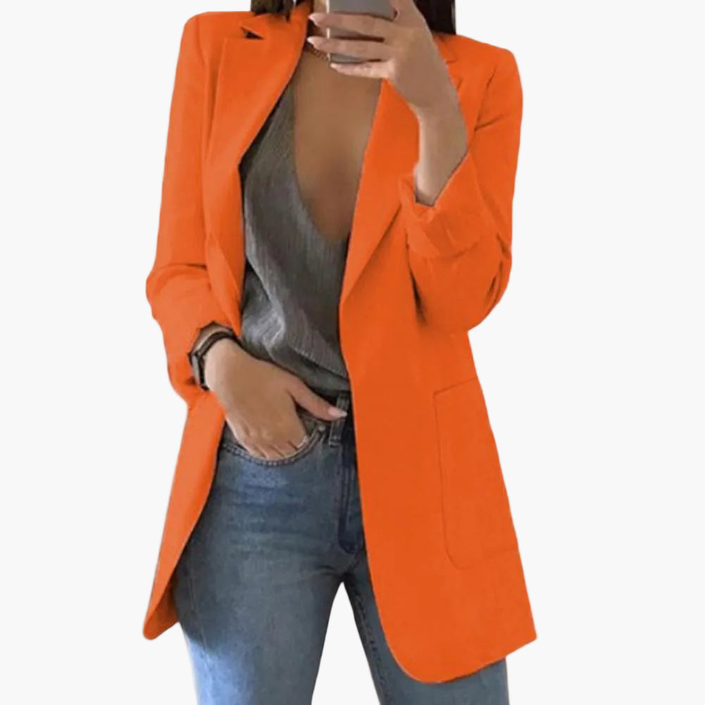 Moderner taillierter Damen Business Blazer, lang mit offener Front, stilvoll für Büro und Alltag.